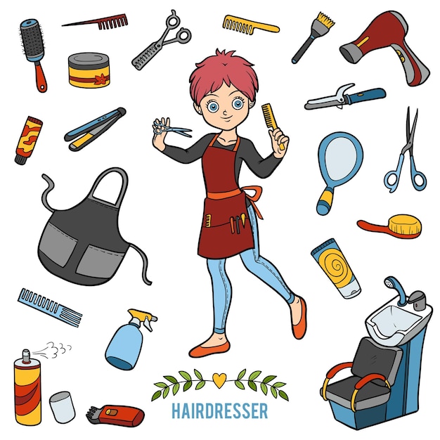 Ensemble D'images Vectorielles Avec Coiffeur Et Objets Pour La Coupe De Cheveux. Objets Colorés De Dessin Animé