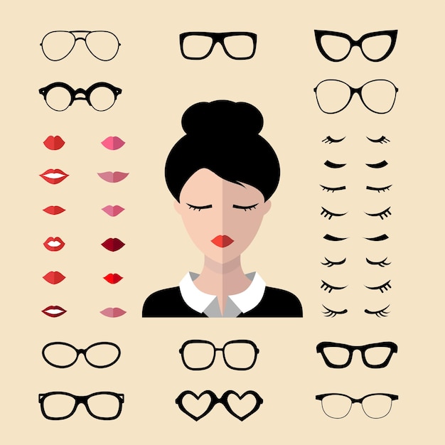 Ensemble D'images Vectorielles De Constructeur D'habillage Avec Différents Cils De Femme, Lunettes, Lèvres. Créateur De Visage Féminin