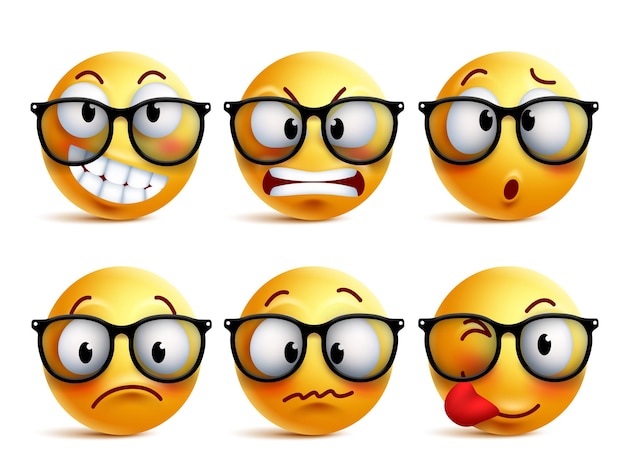 Vecteur ensemble d'images vectorielles emoji d'émoticônes nerd jaunes avec des lunettes et des expressions faciales amusantes