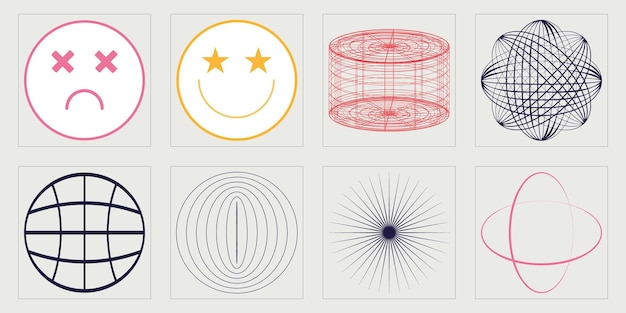 Ensemble d'images vectorielles d'ensemble futuriste rétro psychédélique Rave Y2K Modèles d'affiches de notes