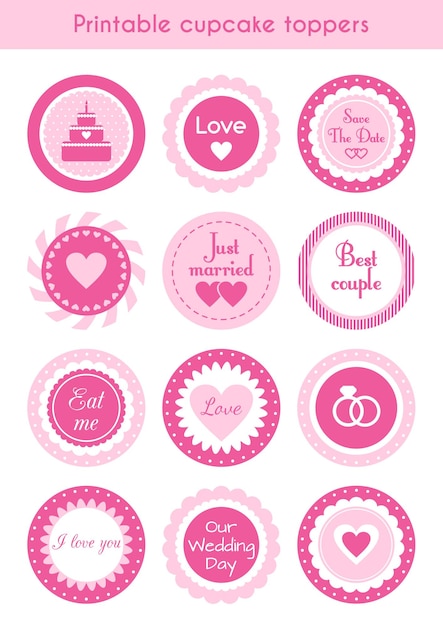 Ensemble D'images Vectorielles D'étiquettes Imprimables De Toppers De Cupcake Rose Cercle Pour La Fête De Mariage