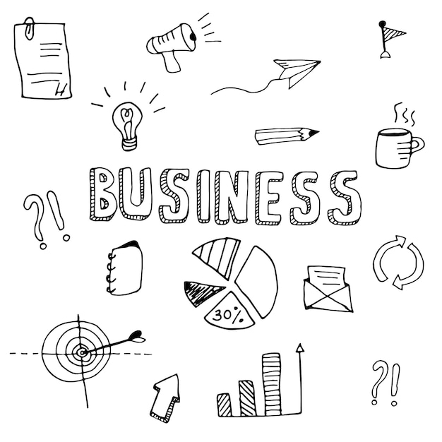 Ensemble d'images vectorielles d'icônes d'affaires de doodle dessinées à la main et d'affaires de lettrage de texte.