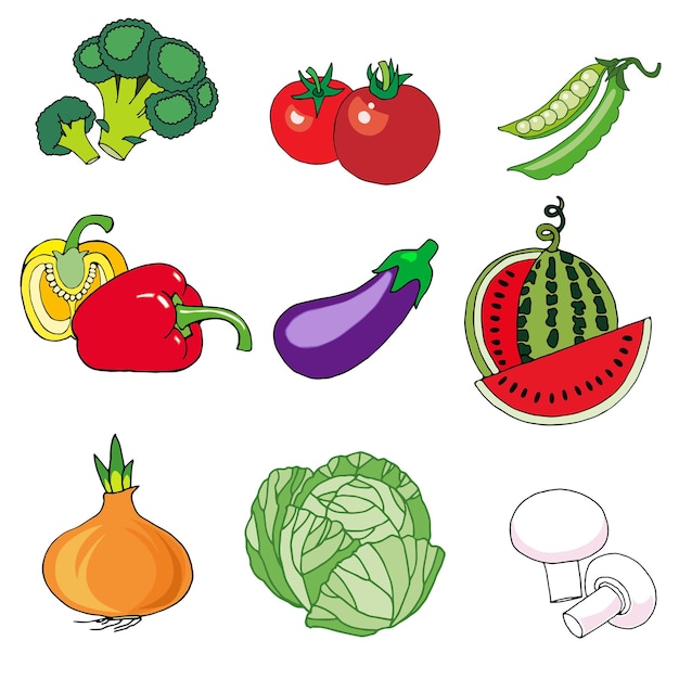 Ensemble D'images Vectorielles De Légumes Brocoli Tomates Pois Aubergine Chou Oignon Paprika Pastèque