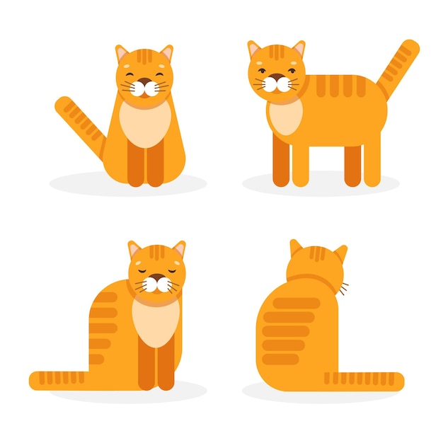 Ensemble D'images Vectorielles Avec Quatre Chats Roux Dans Différentes Poses Isolés Sur Fond Blanc