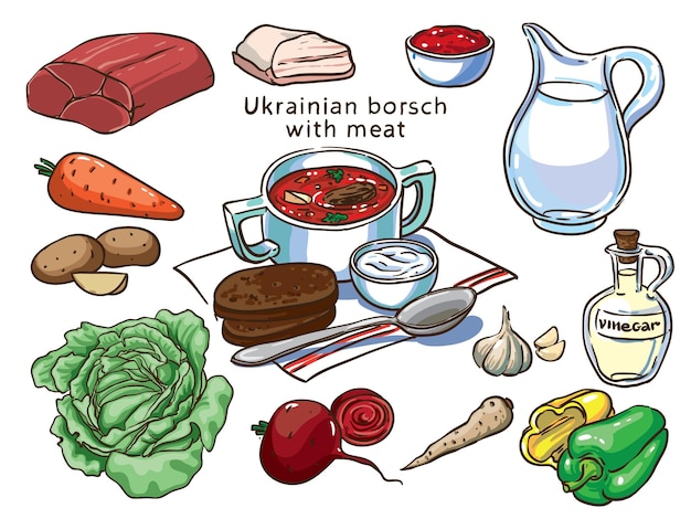 Vecteur ensemble d'ingrédients de bortsch ukrainien