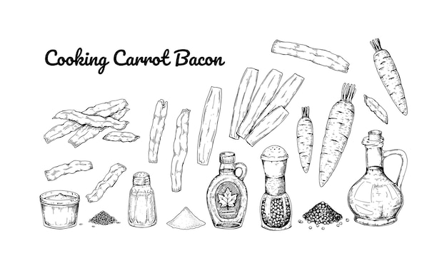 Ensemble D'ingrédients Dessinés à La Main Pour La Cuisson Du Bacon Aux Carottes