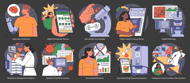 Vecteur ensemble d'innovation médicale technologies interactives améliorant les soins de santé intégrant des solutions numériques