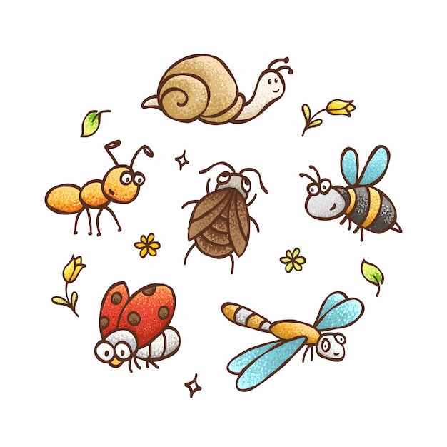 Ensemble d'insectes de dessin animé doodle