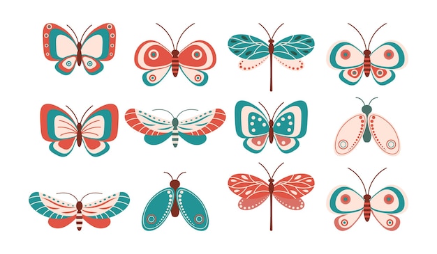 Ensemble D'insectes Papillons Libellule Et Papillons De Nuit Dans Des Couleurs Pastel Style Doodle Sur Fond Blanc