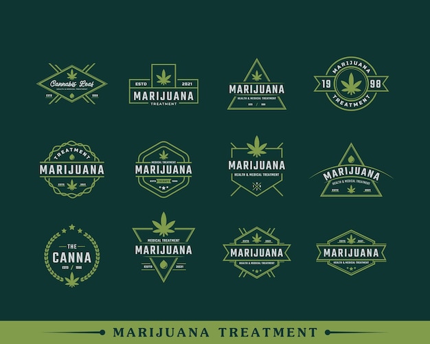 Vecteur ensemble d'insignes rétro vintage classiques pour la feuille de cannabis marijuana thc cbd health and medical logo