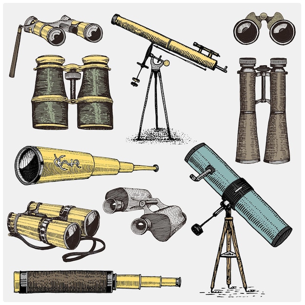 Vecteur ensemble d'instruments astronomiques télescopes oculaires et jumelles quadrant sextant gravés dans des verres à croquis vintage dessinés à la main ou coupés en bois