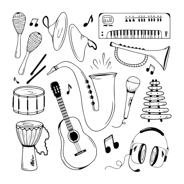 Vecteur ensemble d'instruments de musique dessinés à la main isolé sur fond blanc