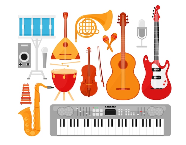 Ensemble d'instruments de musique. Guitares acoustiques et électriques isolés sur fond blanc.
