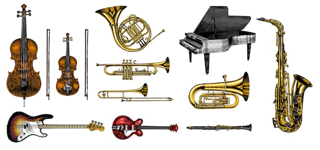 Ensemble D'instruments à Vent Classiques Jazz Trombone Musical Trompette Flûte Guitare Basse Cor Semi-acoustique Saxophone Violoncelle Tuba Violon Piano Dessiné à La Main Monochrome Gravé Croquis Vintage