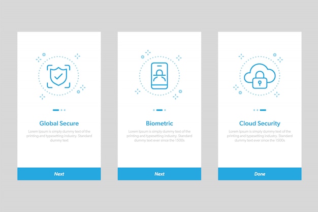 Vecteur ensemble d'interface utilisateur d'écran d'intégration de la sécurité. concept et modèle d'écrans pas à pas d'illustration simplifiée pour les applications mobiles.