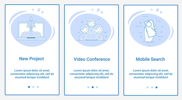 Un ensemble d'interfaces UI et UX Sujet Nouveau Projet Vidéo Conférence et Recherche Mobile