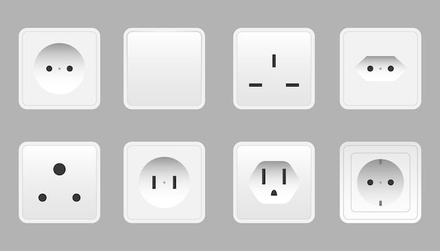 Ensemble D'interrupteurs Et De Prises Réalistes De Différents Types Isolés. Prise électrique