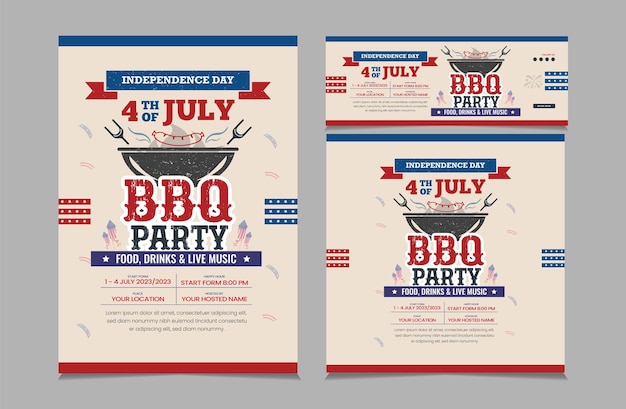 Vecteur ensemble d'invitation au barbecue pour la fête de l'indépendance bannière carrée histoire instagram et affiche a4 pour le 4 juillet