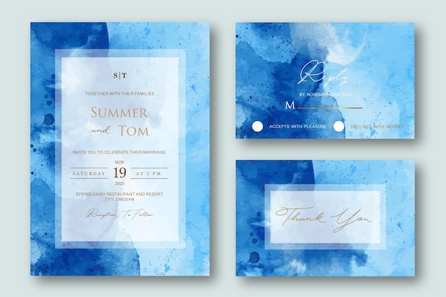 Vecteur ensemble d'invitation de mariage avec aquarelle bleue