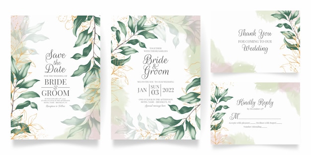 Ensemble d'invitation de mariage aquarelle avec décoration de feuilles