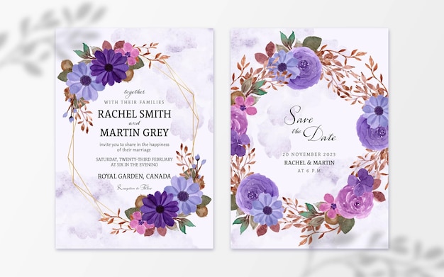 Ensemble D'invitation De Mariage Floral Aquarelle Pourpre