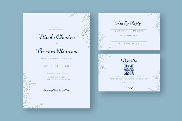 ensemble d'invitation de mariage avec illustration florale minimaliste