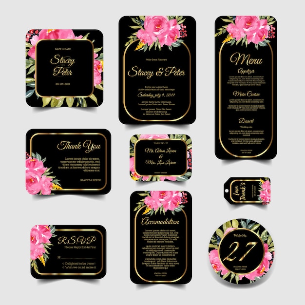 Ensemble D'invitation De Mariage Moderne D'aquarelle Floral Cadre Rose Et Or