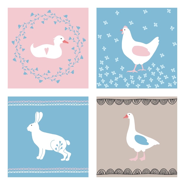 Ensemble d'invitations de cartes de voeux de Pâques dessinées à la main avec des animaux de la ferme Mignon lapin poule canard oie et éléments floraux Concept de printemps design vintage fond d'illustration vectorielle