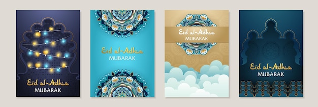 Vecteur ensemble d'invitations ou de cartes de vœux pour les vacances de l'aïd al adha avec des lumières et des nuages en arc de mandala