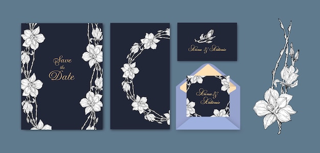 Ensemble D'invitations Avec Des Fleurs De Magnolia