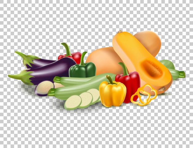 Ensemble isolé de légumes du jardin: courge musquée, poivrons, courgettes, aubergines.