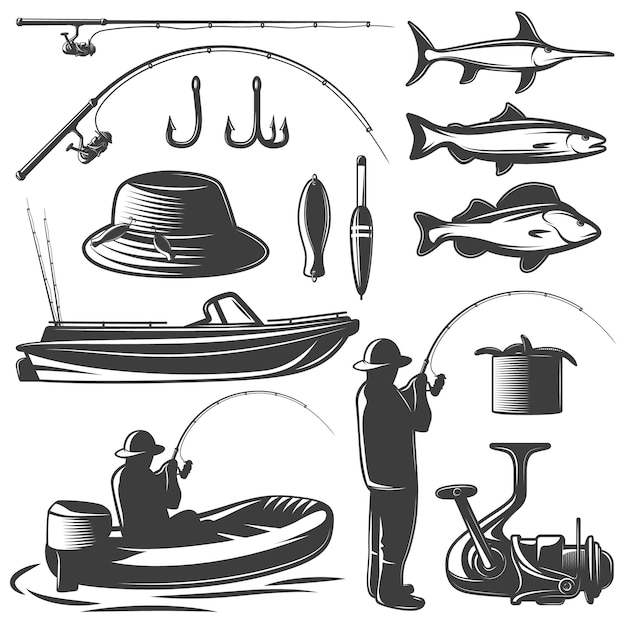 Ensemble Isolé Noir De Pêche Avec équipement De Pêcheur Et Sa Prise