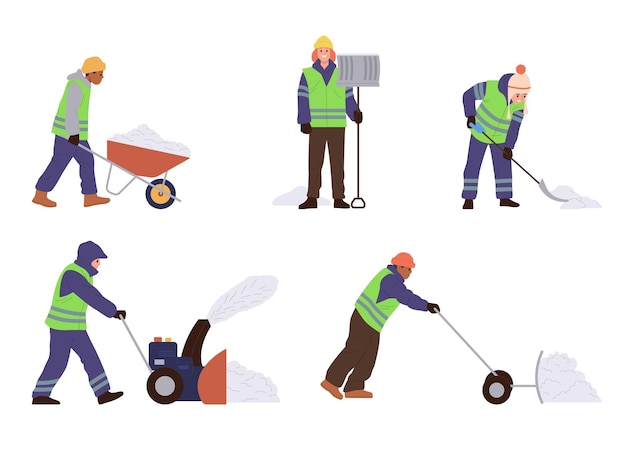 Vecteur un ensemble isolé de personnages de dessins animés de concierges masculins portant un uniforme nettoyant la rue de la neige avec des outils