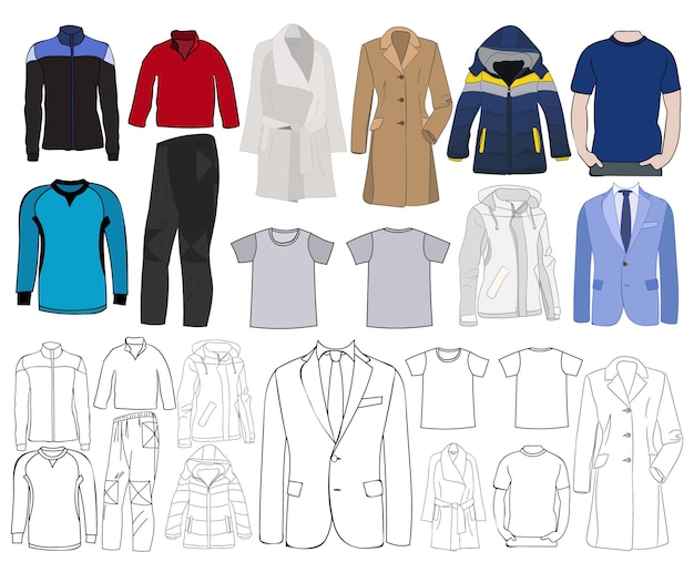 Ensemble isolé de vecteur de vêtements veste veste débardeur croquis de vêtements