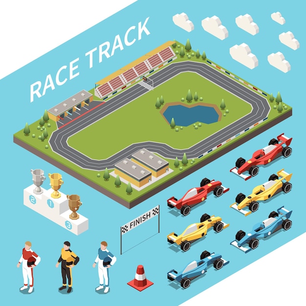 Vecteur ensemble isométrique de course automobile de zone de piste de course et d'icônes isolées d'illustration de voitures de récompense et de pilotes