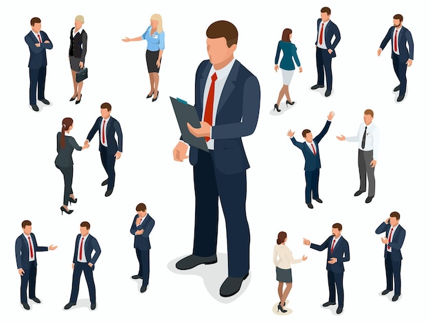 Ensemble isométrique de création de personnages d'homme d'affaires et de femme d'affaires. Homme d'affaires isométrique de personnes dans différentes poses isolées.