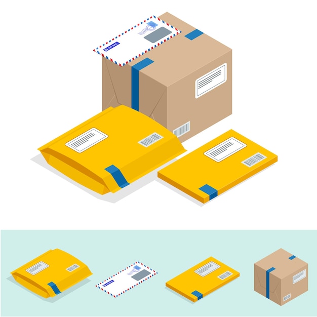 Ensemble isométrique du bureau de poste, attributs du service postal, icônes de livraison au point de correspondance. Icône des services postaux.