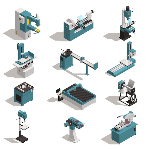 Ensemble isométrique d'équipement de travail des métaux avec tour à métaux coupe forage tige de cintrage machines à rouler illustration vectorielle isolée