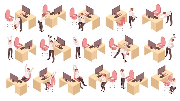 Ensemble isométrique d'hommes et de femmes faisant de l'exercice sportif étirant des squats sur le lieu de travail au bureau 3d illustration vectorielle isolée
