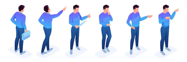 Ensemble isométrique de mouvements et de poses d'un jeune homme avec un pull brillant et un pantalon foncé