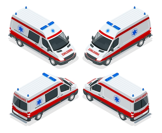 Vecteur ensemble isométrique de transport illustration vectorielle isolée de la fourgonnette d'ambulance. accident d'évacuation médicale d'urgence. accident ambulance aid service clinic service d'urgence pour infographie, bannière, web.