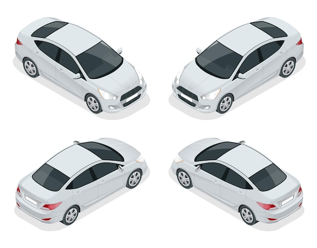 Vecteur ensemble isométrique de voitures sedan. véhicule hybride compact. voiture de haute technologie écologique. voiture isolée, modèle pour l'image de marque et la publicité.