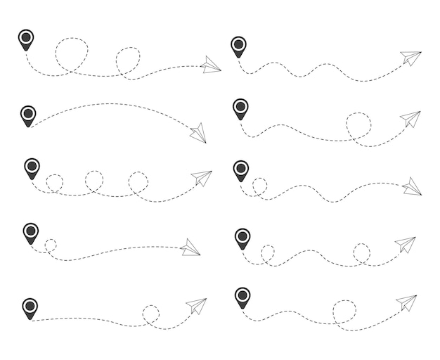 Vecteur ensemble d'itinéraire d'avion en papier en pointillés avec icône de localisation