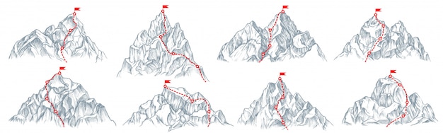 Vecteur ensemble d'itinéraire de montagne. route de montagne d'escalade isolée avec drapeau sur la collection supérieure. chemin de crête de montagne, sens de déplacement. concept de succès et objectif de l'entreprise de vecteur