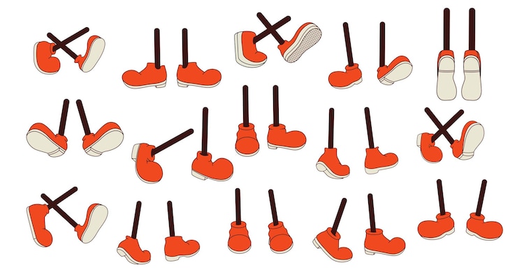 Vecteur ensemble de jambes et de pieds dans différentes poses dans le style comique groovy collection constructeur de parties du corps