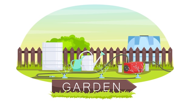 Ensemble de jardin d'arrière-cour avec tuyau d'arrosage sous pression Réservoirs d'eau et maison de clôture en bois de couleur marron pays sur fond Pelouse d'équipement de jardinage vectoriel avec équipement pour prairie Illustration vectorielle