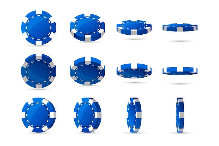 Vecteur ensemble de jetons de poker de casino bleu dans différentes positions collection de diamants coeurs clubs pique jetons lever de l'argent jouer à la roulette isolé sur fond blanc illustration vectoriel