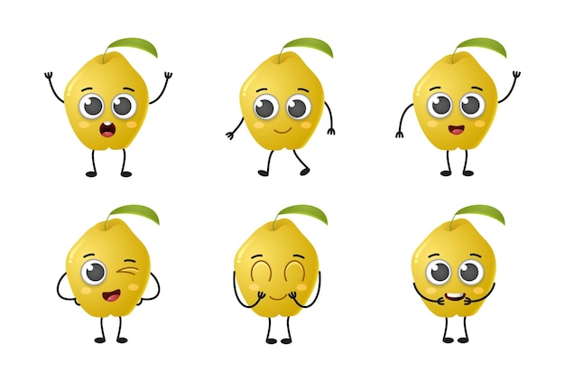 Ensemble De Jeu De Caractères De Vecteur De Fruits De Coing Dessin Animé Mignon Isolé Sur Fond Blanc