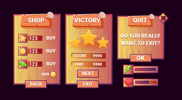 Ensemble de jeu ui vieille planche de bois pop-up et barre pour les éléments d'actif gui
