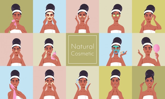 Vecteur ensemble jeune femme appliquant un masque facial vêtu d'une serviette fille afro-américaine nettoyage et soin de son visage soins de la peau spa maquillage traitement facial concept cosmétique naturel portrait horizontal